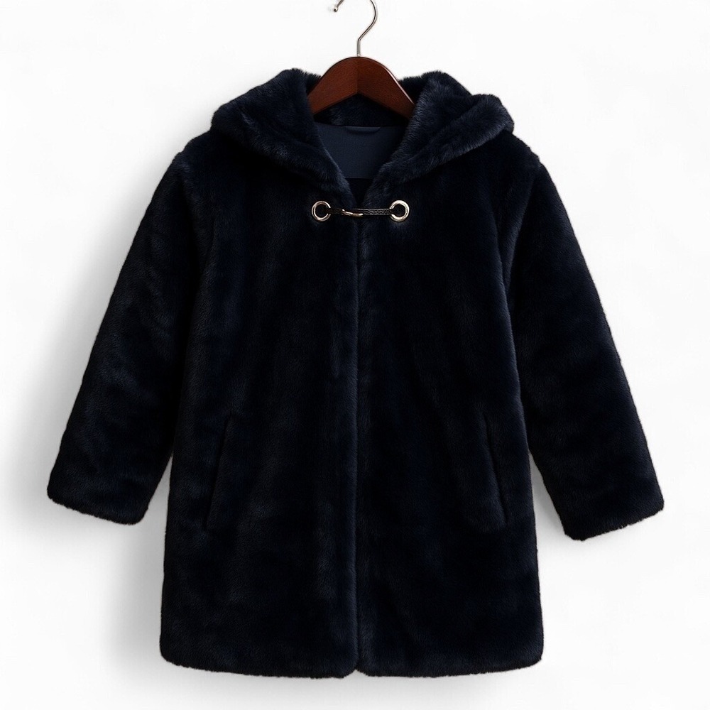 Women's Hooded Faux Fur Coat Blue XSmall Winter Cozy Mob Wife Classic Timeless - Picture 3 of 7